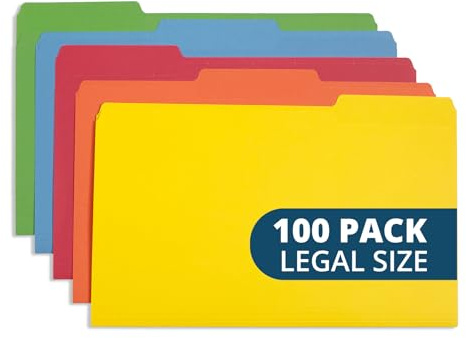 Blue Summit Supplies Colored File Folders Legal Size, 1/3 Cut Tab, Great for Organizing and Easy File Storage, 100 Per Box
