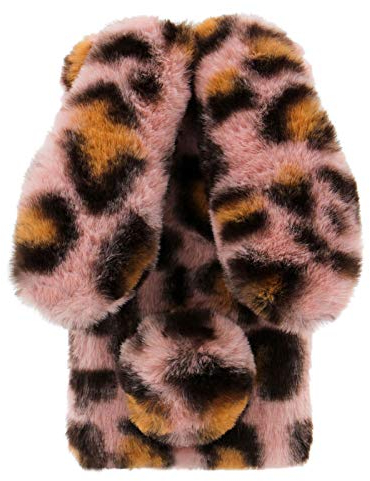 3D Hasenohren Plüsch Hülle für iPhone 7/8/SE 2020 4,7'', DasKAn Handgemacht Diamant Strass Design Winter Warm Weich Kaninchen Flauschig Fell Handyhülle Stoßfest Silikon Schutzhülle, Leopard Rosa