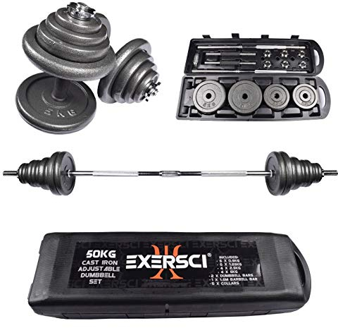 Exersci 50kg Cast Iron Adjustable Dumbbell/Barbell Set With Foldable 1.5m Barbell, Including Wheeled Carry Case - Ideal For Weight Lifting, Fitness, Strength Training, Home Gym