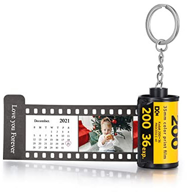 ALBERTBAND Personalisiert Schlüsselanhänger mit Eigenem Foto Gravur Bedrucken mit 5/8/10/15/20 Stück Fotofilm-Rollen Schlüsselbund Geschenk für Weihnachten Geburtstag (kalender+9pcs+text)