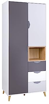 Kleiderschrank Nawiro NR02, Drehtürenschrank mit 3 Schubladen, Kleiderstange, Fächer, Elegantes Schrank für Jugendzimmer (Weiß/Weiß + Graphit + Grau + Eiche Lefkas)