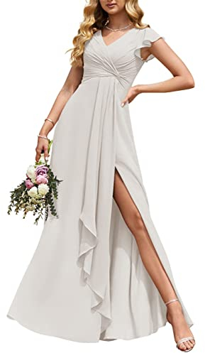 Hochzeit Trauzeugin Kleider Elegant Lange Empire Taille Plissee Flowy Rüschen Abendkleider mit Schlitz, elfenbeinfarben, 32