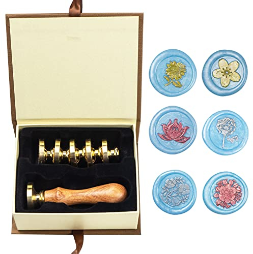 Wachs-Siegel-Stempel-Set, ANBOSE Blume Wachs-Siegel-Stempel-Set mit 6 PCS abnehmbare Messingköpfe und 1 Holzgriff, Sonnenblume drei Blumen Lotus Siegel Wachsstempel für Karten Einladungen