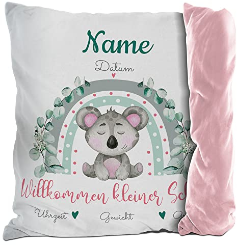 PR Print Royal Kissen mit Füllung - mit Geburtsdaten Personalisieren - Wilkommen Kleiner Schatz - Koala - Geschenke zur Geburt, Geschenkideen Geburt | inkl. Kissenfüllung, Rückseite Rosa, 40x40cm
