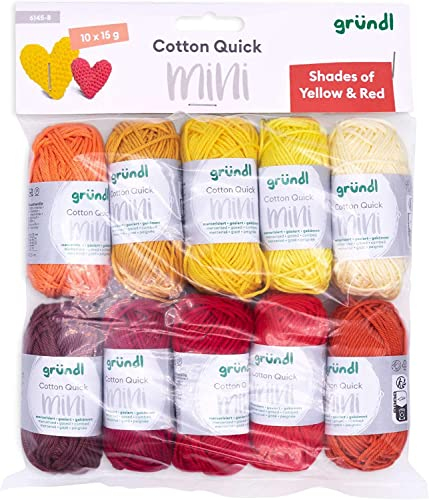 Gründl Lana Cotton Quick Mini Shades of Yellow and Red Set per lavorare a maglia e all'uncinetto, 10 x 15 g, 100% cotone, 15 g/37 m, giallo e rosso