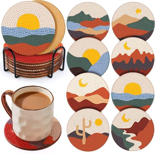 YAOYIN Diamond Painting Untersetzer, 8er Set DIY Diamond Painting Erwachsene Untersetzer mit Halter, Diamond Painting Kinder Abstraktes Landschaft Untersetzer, Für Basteln Erwachsene Kinder Anfänger