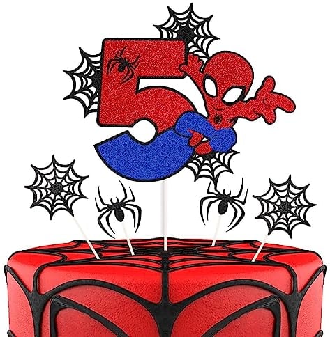 7 Pcs Cake Toppers, Cartoon Heroes Spider Pattern Birthday Cake Toppers, Personalised 5th Birthday Cake Topper, Double Sided Glitter Cupcake Topper Birthday Party Decorations for Boys Children Kids