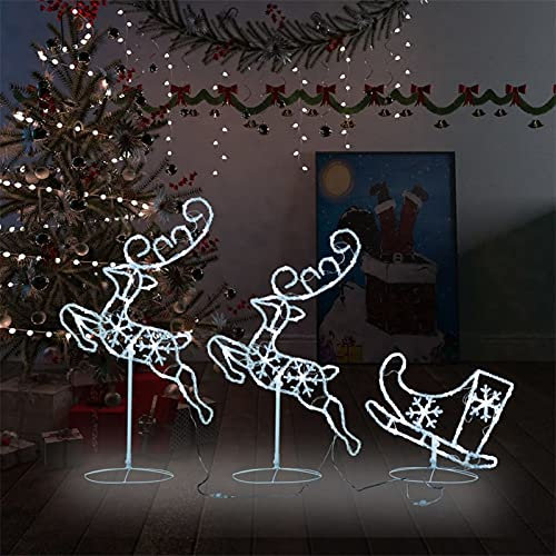 Homgoday Fliegende Rentiere und LED-Schlitten, 3 Stück, leuchtende Weihnachtsdekoration, mit 72 LEDs, 8 verschiedene Lichteffekte, für drinnen und draußen, Baum, Rasen, Garten, kaltweiß, 260 x 21 x 87