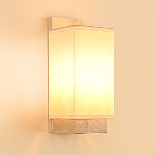 Gleonlux Wandleuchte Holz Innen, Vintage Wandlampe innen mit E14 Fassung, Retro Wandleuchten Boho aus Stoffbezug， Wandbeleuchtung Industrial für Treppenhaus Wohnzimmer Schlafzimmer Flur, Rechteck
