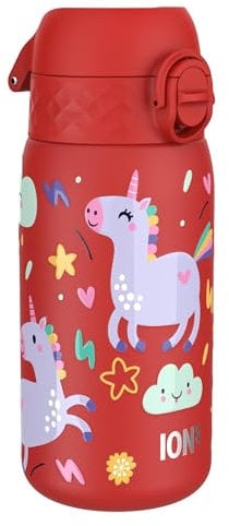 Ion8 Kids Water Bottle, Lightweight Steel, 400 ml/13 oz, Leak Proof, Non-Insulated, Easy to Open, Secure Lock, Dishwasher Safe, Flip Cover, Carry Handle, Easy Clean, Metal Water Bottle, Red, Unicorns