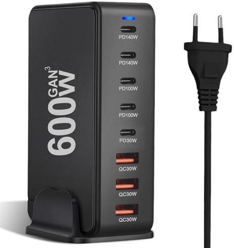 600W USB C Ladegerät 8-Port, USB Schnellladegerät Adapter Mehrfach Ladegerät mit GaN III und PD 3.1, mit 5 USB-C und 3 USB-A PD 3.1 Charger 140W Netzteil für MacBook, iPhone, Laptop, iPad, Samsung
