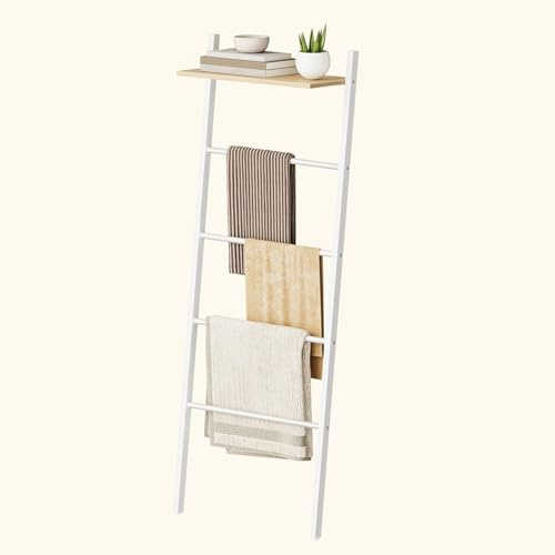 HOOBRO Portasciugamani, Portasalviette Bagno, con 4 Barre e 1 Ripiani, 41 x 20 x 156 cm, per Sciarpe, Coperte, Vestiti, Struttura in Metallo, Bianco e Naturale EWN73CJ01G1