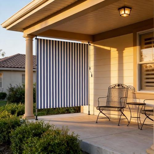 UISEBRT Klemmmarkise Senkrechtmarkise mit Handkurbel ohne Bohren,200x310 cm Vertikalmarkise Ausziehbar & Blickdicht & Wasserfest,Sonnenrollo Sichtschutz Sonnenschutz Windschutz,Blau-weiß gestreift