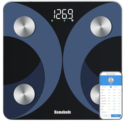 Homebuds Smart Scales for Body Weight Precision 0.1lb,Weighing Scales 400lb | Professional Factory Since 2001 Bluetooth Digital Bathroom Scale for Body Fat App Sync Weighing Composition BMI, Muscle, Blue