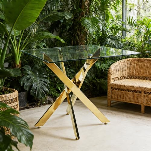 Generisch Mesa de comedor cuadrada con tapa de cristal templado y patas de metal en forma de cruz cromado/dorado, 80 x 80 x 75 cm, ahorra espacio, mesa de cocina moderna para salón comedor