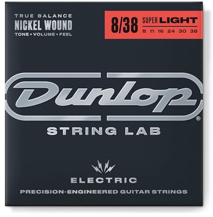 DUNLOP - DEN0838 NICKEL PLATED STEEL, EXTRA LIGHT, SET/6, Corde per Chitarra Elettrica in Acciaio Nichelato, Scalatura: 8 - 11 - 16 - 24 - 30 - 38, Set singolo