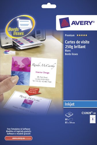 Avery C32028-10 Visitenkarten glatte Kanten Vorderseite glänzend/Rückseite matt 250 g/m² für Tintenstrahldrucker 85 x 54 mm 80 Stück