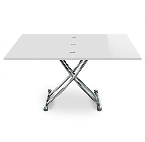 Menzzo B2219 Contemporain Carrera XL Table Basse Relevable Bois/INOX Laqué Blanc 75/120 x 150/120 x 39/76,3 cm