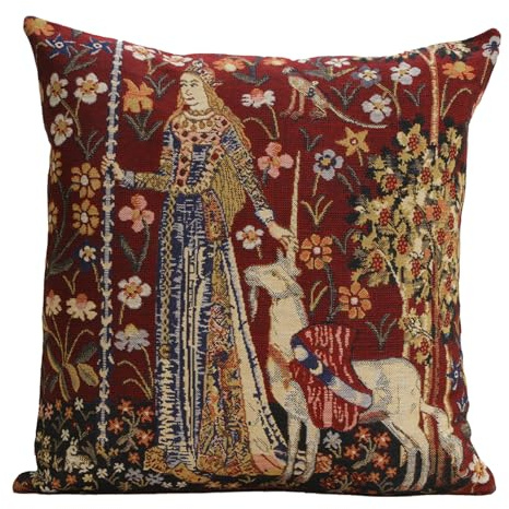Charlotte Home Furnishings Inc Dekokissenbezüge, 40,6 x 40,6 cm, roter Jacquard-Kissenbezug, belgischer mittelalterlicher Wandteppich, Schlafzimmer, Heimdekoration, Sofakissenbezüge, weiche Baumwolle
