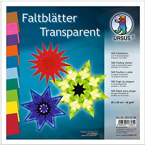 Ursus 2645199 - Faltblätter Transparentpapier, ca. 20 x 20 cm, 42 g/qm, 500 Blatt, sortiert in 10 Farben, durchgefärbt, ideale Grundlage für kreative Bastelarbeiten