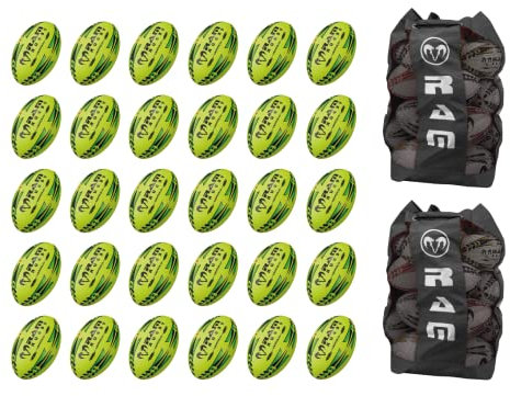 Ram Rugby Gripper 2.0 Pro Trainer Ball Bundle - 30 x balls and 2 bags (5, Neon Yellow)