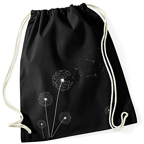 Autiga Turnbeutel Pusteblume Blume Hipster Beutel Tasche Jutebeutel Dandelion Gymsac Stringbag Drawstring Schwarz