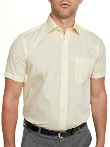 Double TWO Men's Short Sleeve Pale Lemon Button Down Formal Business Casual Shirt
