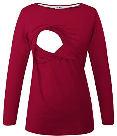 Smallshow Women's Long Sleeve Breastfeeding Top Maternity Nursing T-Shirt Pregnancy Clothes Wine L