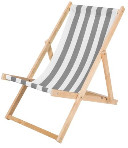 IMPWOOD Liegestuhl klappbar Holz - Sonnenliege aus Buchenholz bis 120 Kg Holzklappstuhl für Balkon, Strand und Terrasse & Camping - Gartenliege Strandliege (Grau-Weiß gestreift)
