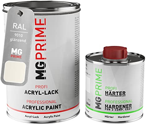 MG PRIME RAL 9010 Blanc pur/Pure white brillant peinture acrylique 1,5 Litres / 1500 ml durcisseur inclus