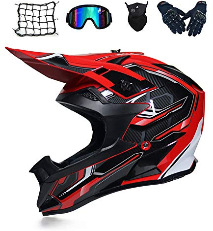 MRDEAR Motorrad Crosshelm Schwarz Rot, Motocross Helm Set mit Brille Handschuhe Maske Motorrad Netz (5 Stück) Fullface Cross Helm Motorradhelm Off Road Downhill ATV Pocket Dirt Bike Helm,L