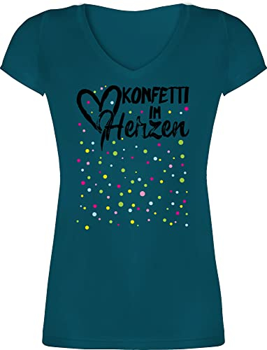 T-Shirt Damen V Ausschnitt - & Fasching - Konfetti im Herzen - Köln Karneval Confetti Konfetti für Alle - M - Türkis - Shirt fasnachts Tshirt Fasching+Shirt+Damen Damen-Karneval tischört