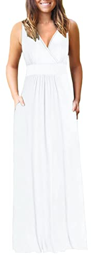 AUSELILY Ete Robe Longue Femme Maxi Robe V Col sans Manches avec Poches Blanc 3XL