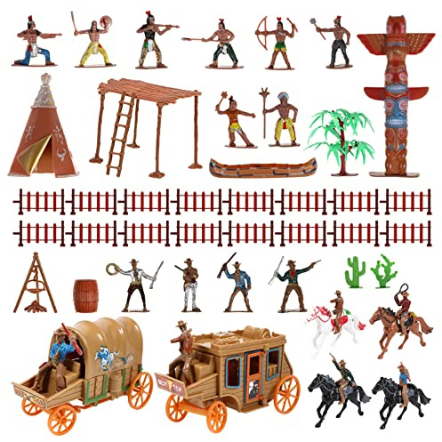 Toyvian Cowboys und Indianer von Wild West und Indianer Figuren aus Kunststoff Miniatur mit Pferd Zelt Männer Soldaten Spielzeug Wild West Figle Playset for Kids School Project
