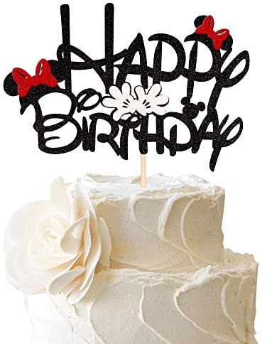 SYKYCTCY 1 Pack Mini Inspired Happy Birthday Cake Toppers with Glitter Bow Mini Mouse Inspired Cake Pick Decorations for Baby Shower Kids Birthday Party Decorations Supplies (Color-01)
