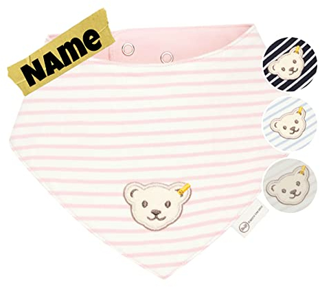 Steiff Baby Halstuch mit Name | BIO Baumwolle | Steiff personalisiert Dreieckstuch | 0-4 Jahre | Druckknopf | Halstuch Babygeschenke (Streifen silver rosa weiß)