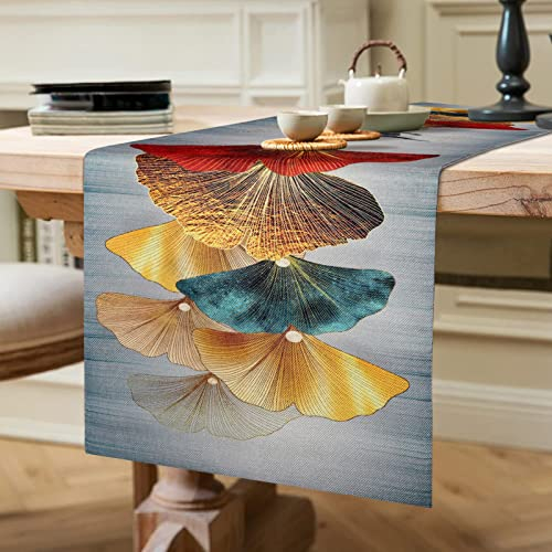 Tischläufer Petrol Dekoration Blau Grün Wohnzimmer Tischdecke Rot Braun Küche Tischläufer Gold Gelb Ginkgo Biloba Table Runner Tischwäsche Matte für Urlaub Party Wohnzimmer Dekor Läufer 40x140cm