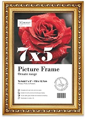 Almost Frameless 7x5 Gold Ornate Picture Frame 7x5(17.7x12.7cm) Poster, Photo, Artwork, or Print. Shabby Chic Style Portrait and Landscape Display with Wall Hooks