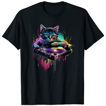 DJ Katze | Disco Katze | Schwarze Party Katze | Katzen T-Shirt