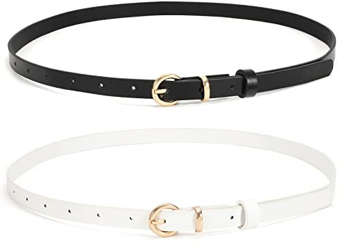 WHIPPY 2er-Pack dünner Damen Ledergürtel schmaler Taillengürtel schmal Gürtel mit goldener Kreisschnalle für Kleid Hose Jeans,schwarz/weiß,130cm