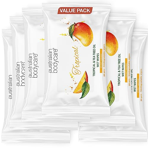 Tropical Wet Wipes with Mango & Tea Tree Oil – 144 Wipes (6 Packs) | Cleanser for Sweat, Dirt & Makeup | Refreshing, Moisturizing & Cooling | On-the-Go Hygiene | Biodegradable