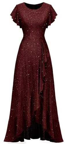 Berylove Pailletten Kleid Lange Ballkleider Glitzer Abendkleid zur Hochzeitsfeier Ro Festlich Damen Hochzeitsgast Glitzerkleid S007 DarkRed M