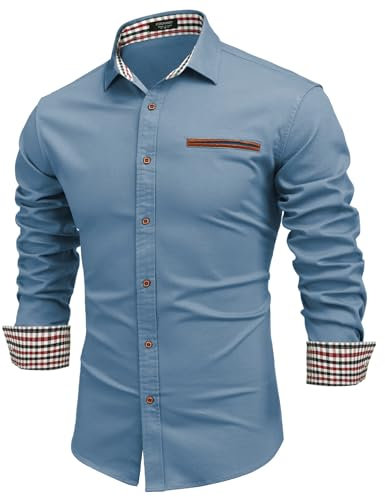 COOFANDY Mens Shirts Long Sleeve Denim Shirt Cotton Cowboy Dress Casual Shirts Formal Work Button Down Non Iron Shirt Slim Fit AA-Dark Blue 3XL