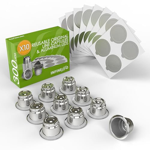 Lot de 10 capsules réutilisables pour Nespresso OriginalLine – 300 couvercles en aluminium avec 10 dosettes de café rechargeables compatibles avec la machine Nespresso OriginalLine.