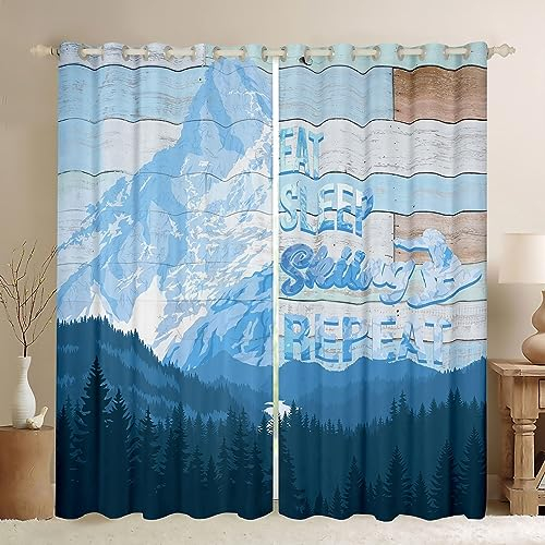 Ski Sport Fenster Vorhang Winter Schnee Berg Kiefer Dschungel Druck Vorhänge Erwachsene Mädchen Zimmer Dekor Rustikale Vintage Blau Grün Holz Fenster Vorhänge Skiing Skier Fenster Vorhang,M Größe