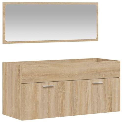 vidaXL Badschrank, Waschbeckenunterschrank mit minimalistischer Spiegel, Badezimmerschrank mit viel Stauraum, Wandschrank Bad Waschbeckenschrank, Sonoma Eiche Holzwerkstoff