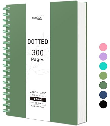 RETTACY B5 Dotted Notebook, Bullet Dot Grid Journal, Wirebound Spiral Notebooks 300Pages /150 Sheets for Writing,100gsm, Flexible Plastic Cover, for Women Men Work Office School,19 x 25 cm - Darkgreen