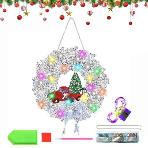 DIY Diamond Painting Weihnachten Girlande Kranz Set,5D Diamond Painting Weihnachten Kranz LED,Weihnachten Kranz Basteln,Diamond Painting Türkranz Weihnachten mit Kette,Weihnachtskranz Basteln Kinder