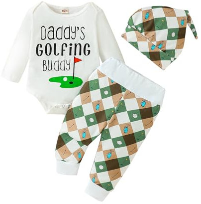 3-teiliges Baby-Golfanzug-Set für Jungen und Mädchen, langärmelig, Daddy Golf, Häschen, Strampler, Jogger, Hose, Mütze, Neugeborene, Coming Home Outfit, Weiss/opulenter Garten, 6-12 Monate