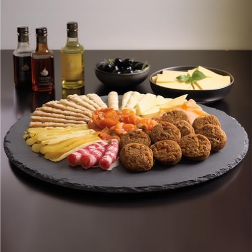 Navaris Bandeja giratoria de Pizarra - Plato Giratorio Expositor de Mesa para Servir Comida quesos Aperitivos - Tabla Redonda de Pizarra Negra - 33 cm